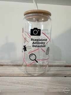 “Influencer Files” 16oz Glass Cup – True Crime Detective Board Design with Bamboo Lid & Glass Straw