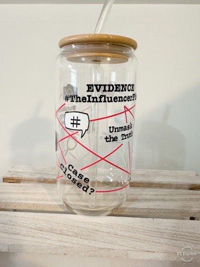 “Influencer Files” 16oz Glass Cup – True Crime Detective Board Design with Bamboo Lid & Glass Straw
