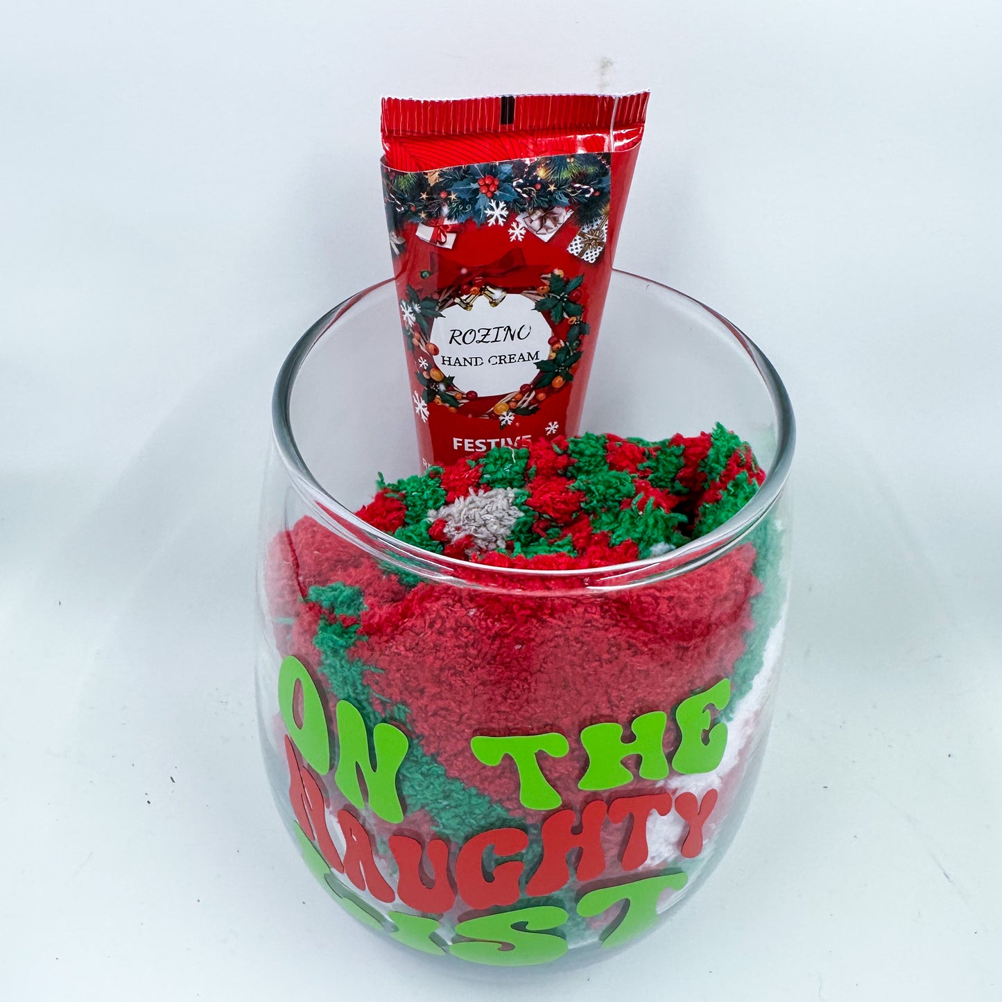 “On the Naughty List” Wine Glass Gift Set – Holiday Socks & Lotion
