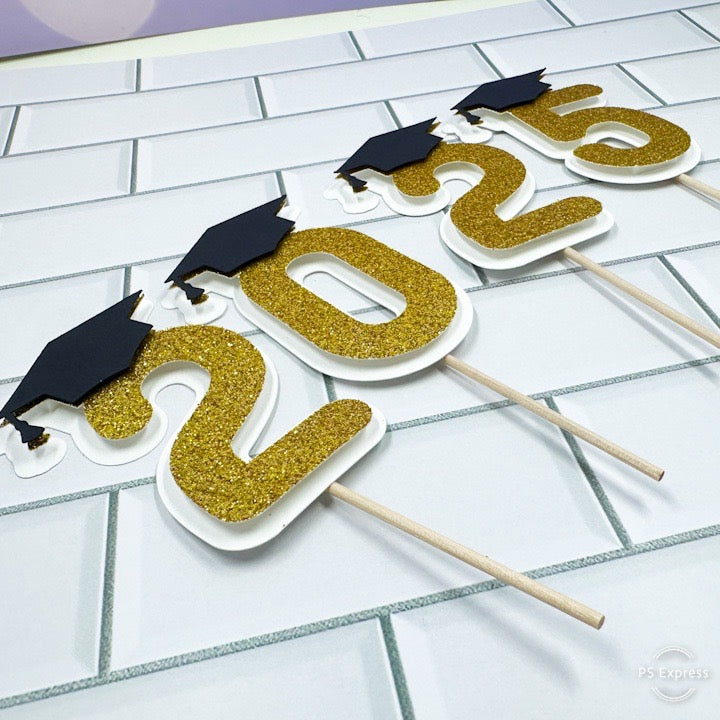 2025 Cupcake Toppers – Multi-Layered Gold Glitter with 3D Effect