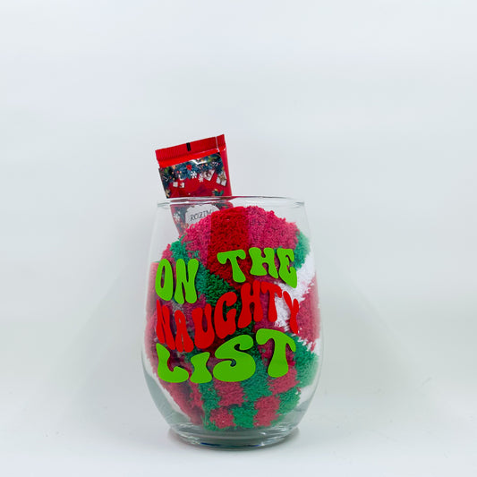 “On the Naughty List” Wine Glass Gift Set – Holiday Socks & Lotion