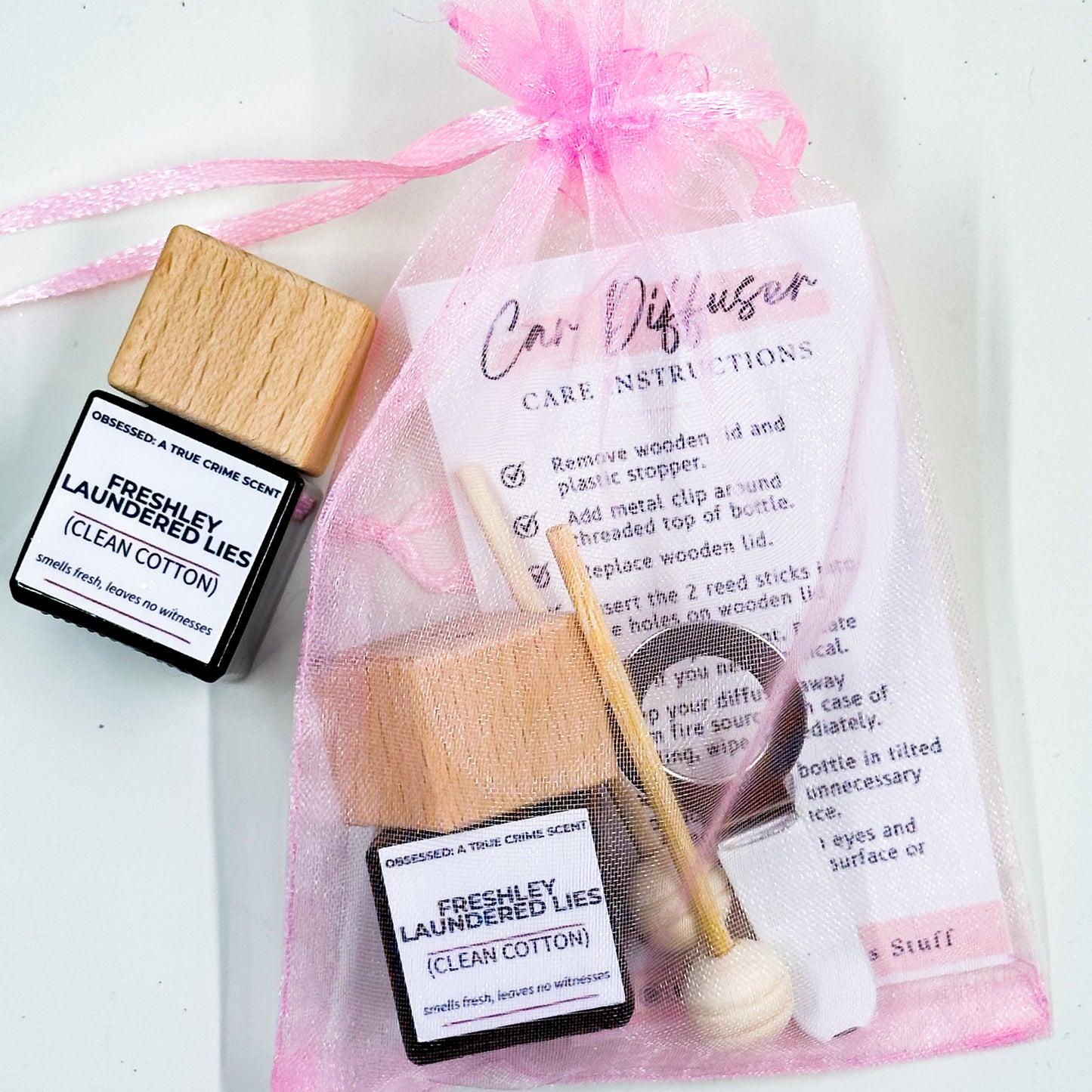 Freshly Laundered Lies – True Crime Car Diffuser (Clean Cotton)