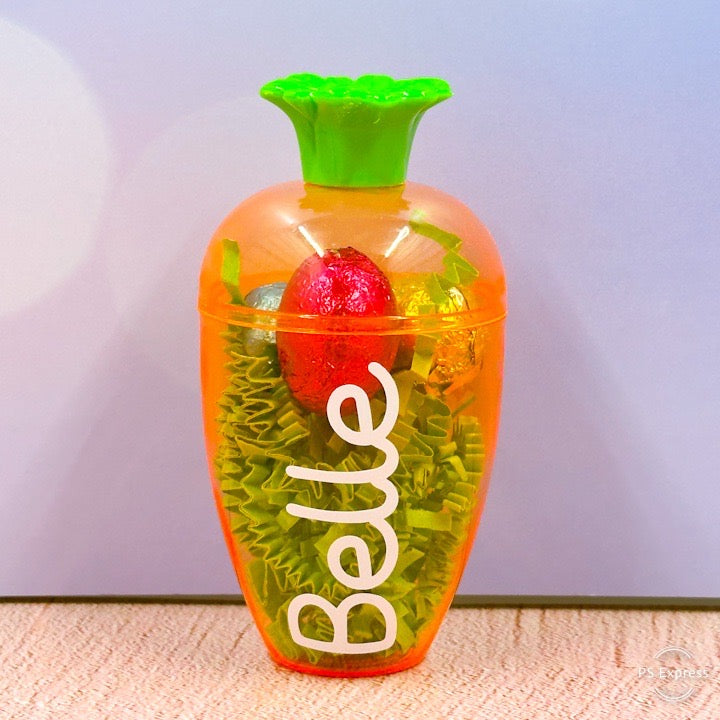 Personalized Plastic Carrot Treat Holder – Filled with Chocolate Eggs