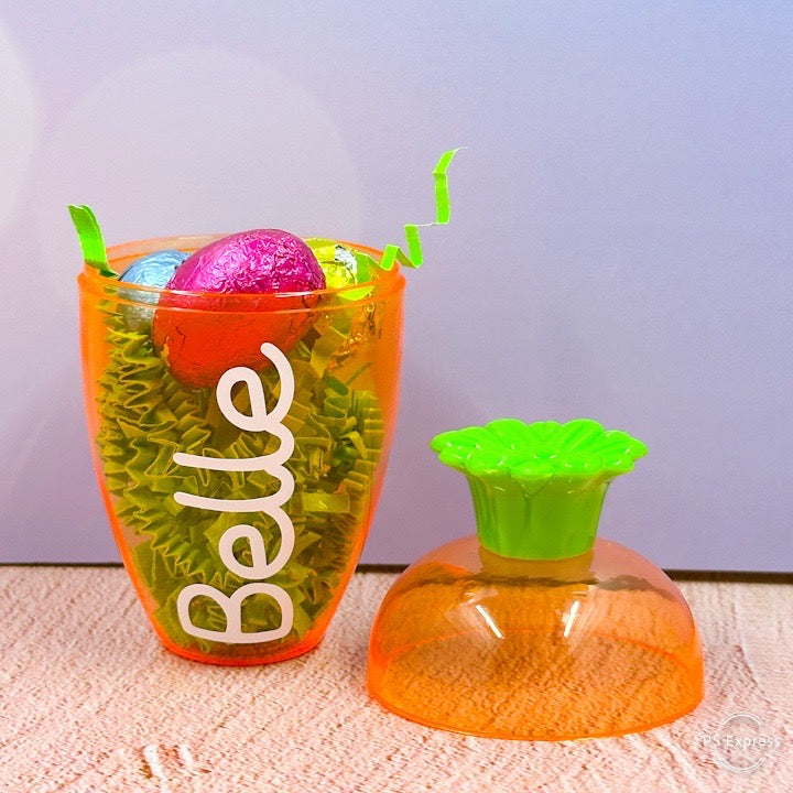 Personalized Plastic Carrot Treat Holder – Filled with Chocolate Eggs